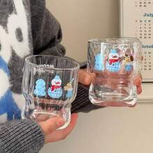 1 pieza Taza de vidrio con diseño de muñeco de nieve de dibujos animados simple y nuevo, taza para beber agua con apariencia navideña, taza linda como regalo para estudiantes - transparente - Ver 5