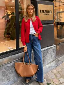 Red Crew Neck Button Front Knit Cardigan For Women, Long Sleeve Casual Everyday Sweater Jacket - Red - View 4