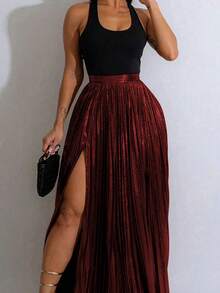 Women's Metallic Pleated High Slit Skirt, Summer Fashion - Burgundy - View 5