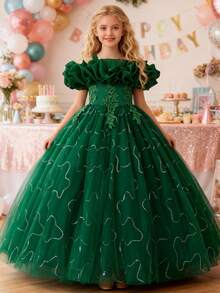 女童荷叶边露肩粉色派对礼服，花卉刺绣，生日派对，婚礼，毕业舞会，儿童优雅礼服 - 墨綠色 - 查看 7