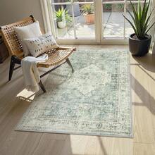 Washable Area Rug 5x7, Non-Slip Boho Neutral Carpet Living Room Bedroom Dining Room Office, Low-Pile Farmhouse Soft Carpet, Tan - Sage Green - View 2