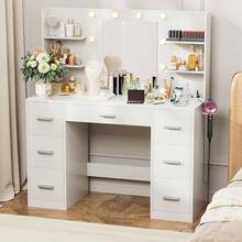Large Vanity Desk With LED Lighted Mirror & Power Outlet,Makeup Vanity Table With 7 Drawers,4 Shelves And 5 Hooks,Vanity Table, Vanity Desk Set For Bedroom,Bathroom,White - Xem 2