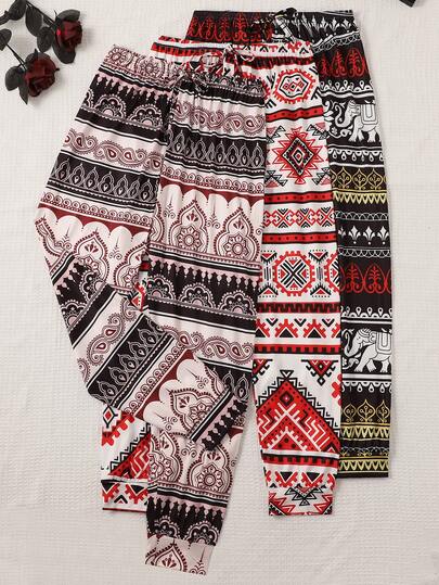 3pcs Set Comfortable Bohemian Style Printed Women's Pajama Pants, Polyester Knit Fabric, Casual Style Ladies Trousers, Suitable For Spring, Summer, Autumn