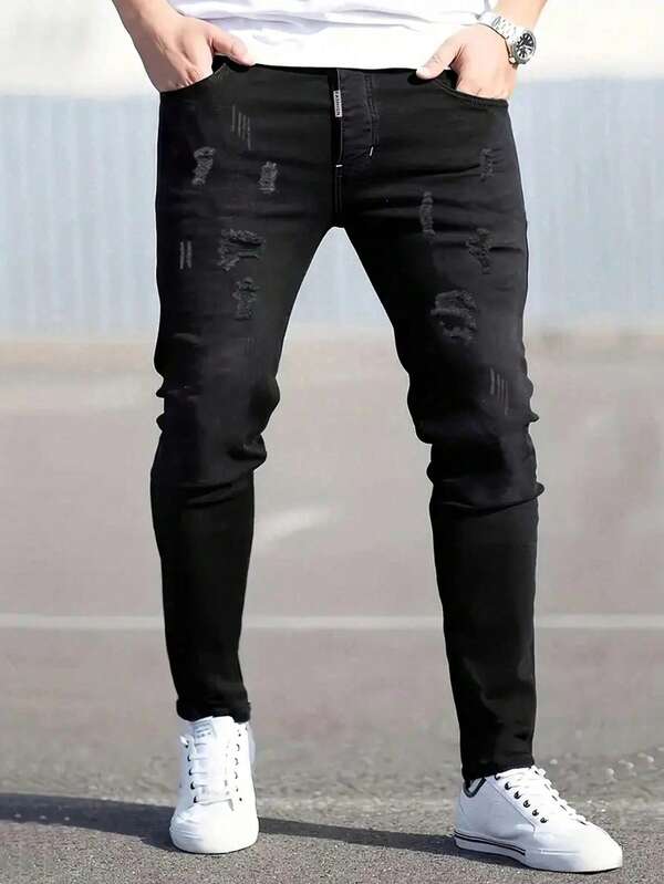 Men's Fashion Distressed Solid Elastic Skinny Fit Jeans, Grunge