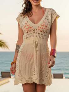 Short Beach Cover-Up, Lace Slit Dress, Crochet Knit, Summer - Sand - View 2