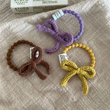 1个手工钩编蝴蝶结发圈 - 彩色弹力针织发绳，适合女性/女孩，可爱柔软的布艺发饰，可用于日常/派对发型，也可作为发绳、马尾辫发圈、发圈等使用。橡皮筋 - 彩色 - 查看 3