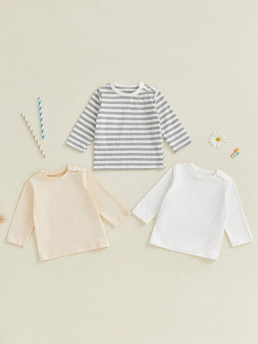 Toddler Litter Boy 3 Pack Tops Set Fall Fashionable Solid Striped Long Sleeve Round Neck Pullover - Color - View 1