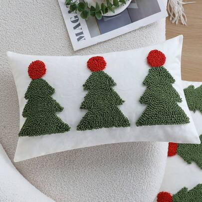 1pc Christmas Decorative Pillow Cover 30x50cm, Embroidered Xmas Tree Canvas Cushion Cover For Couch Bed Sofa Living Room Decor, No Insert