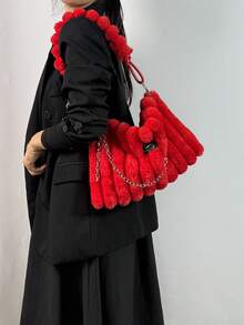 1 pieza Bolso de mano de piel de conejo para mujer, otoño/invierno, de alta calidad con cremallera y bolso grande, correa desmontable, disponible en burdeos, marrón, rosa, negro con efecto tie-dye, adecuado para mujeres y niñas, se puede usar como bandolera o al hombro - Rojo - Ver 2