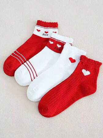 4双装女士蕾丝爱心装饰短袜，适合日常搭配，四季皆宜