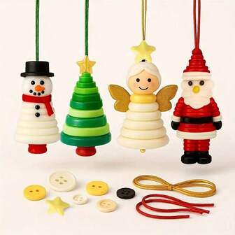 Christmas Button Ornaments, All-In-One Snowman & Santa Claus Decoration Craft Kit, Includes Colorful Buttons, Hanging Loops And Ribbons - Suitable For Holiday Family Activities, For Adults, No Glue Needed/Easy Assembly - Gift