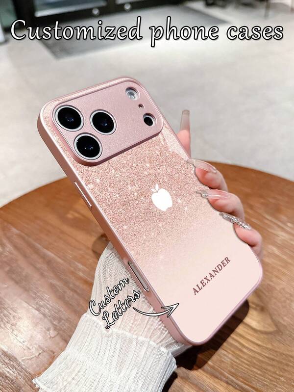1pc Customized Gradient Glitter Pink Apple Design Phone Case With Personalized Name, TPU Soft Edge + Tempered Glass Back, Compatible With Samsung S24 Ultra/S25 Ultra And Apple 17 Pro Max/16 Pro Max/15 Pro/14 Plus/13 Pro/12 Pro Max/11/Xs Max/8/7/6 Plus