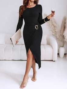 ChicMe Women Round Neck Long Sleeve Solid Color Metal Ring Waist Decor Cinched Slit Ribbed Knit Midi Dress Chic Casual Daily Business Outfit