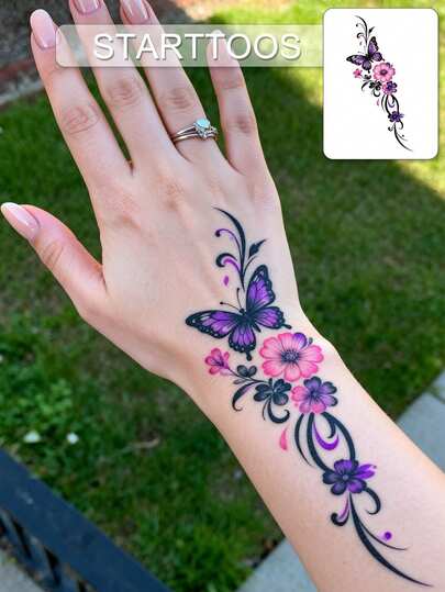Gradient Pink & Purple Butterfly Floral Temporary Tattoo Sticker, Y2K Style, Suitable For Wrist, Ankle, Shoulder, Neck, Collarbone, Waterproof, Realistic Tattoo Decal For DIY, Anime Convention, Festival, Valentine's Day, Party