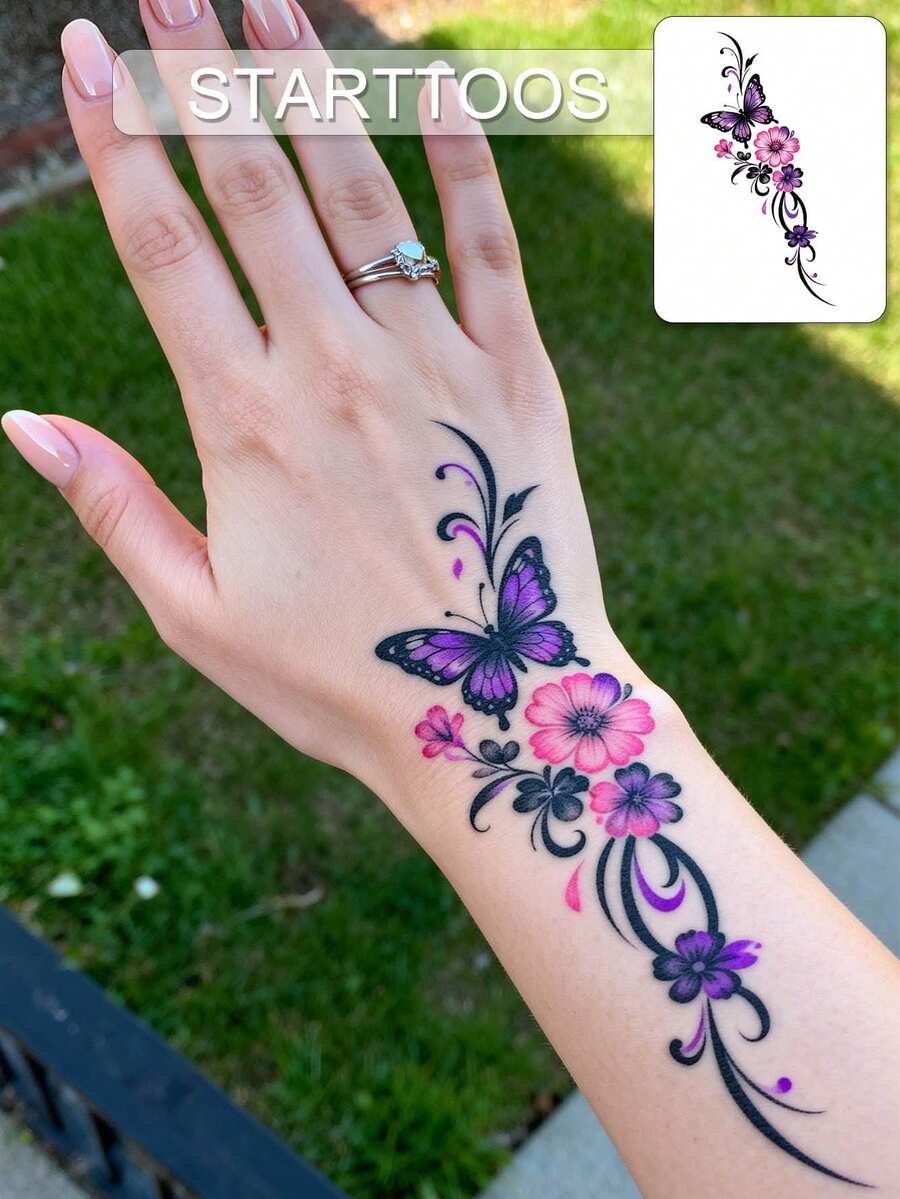 极简主义纹身贴纸,紫色蝴蝶和粉紫色花朵层叠图案,临时假纹身贴纸,适合DIY日常派对和节日礼物,适用于手腕、肩膀、脖子、锁骨、脚踝等部位,防水逼真,1包 - 彩色 - 查看 1