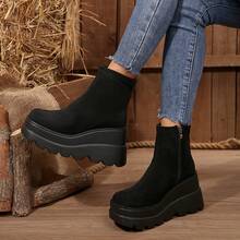 新款高跟坡跟踝靴，秋冬季，增高鞋，复古拉链靴，厚底短靴，百搭 - 915黑 - 查看 1