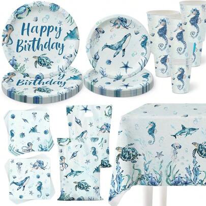 Ten 50/51-elementowy zestaw jednorazowej zastawy stołowej w stylu oceanicznym zawiera 10 talerzy obiadowych, 10 talerzyków deserowych, 10 kubków papierowych, 20 serwetek, obrus i baner. Ten praktyczny zestaw zastawy stołowej sprawdzi się na kempingu, pikniku, grillu w ogrodzie, weselu i przyjęciu urodzinowym.