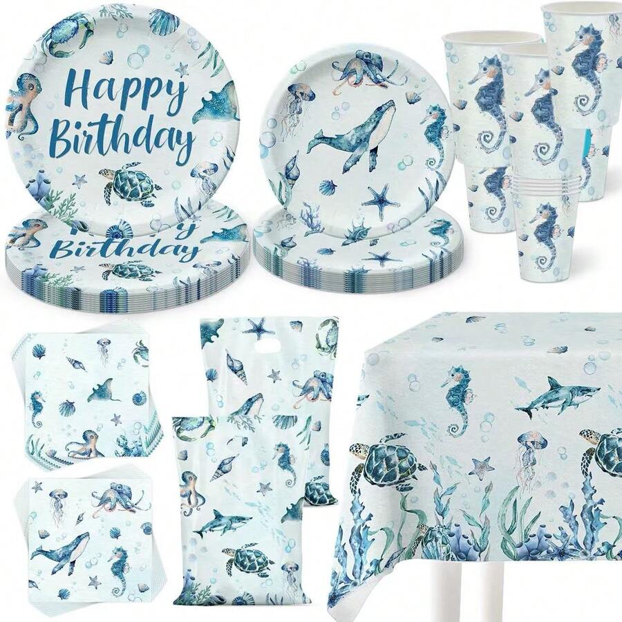 Ten 50/51-elementowy zestaw jednorazowej zastawy stołowej w stylu oceanicznym zawiera 10 talerzy obiadowych, 10 talerzyków deserowych, 10 kubków papierowych, 20 serwetek, obrus i baner. Ten praktyczny zestaw zastawy stołowej sprawdzi się na kempingu, pikniku, grillu w ogrodzie, weselu i przyjęciu urodzinowym.