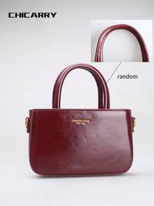 Borsa a tracolla quadrata da donna di colore unito con tracolla rimovibile, charm a forma di cane in metallo, motivo con stampa di lettere, borsa a tracolla elegante bordeaux, chiusura con cerniera, fodera in poliestere, stile vintage, adatta per lo shopping e le uscite