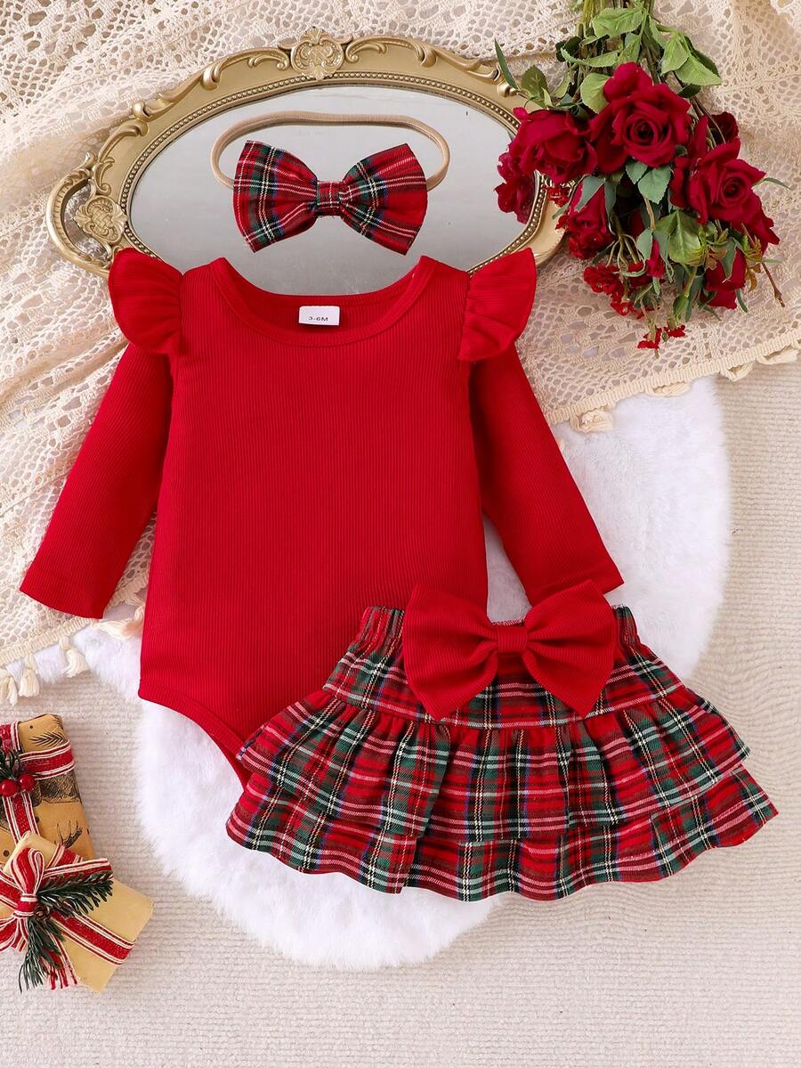 3pcs Baby Girl Red Cap Sleeve Bodysuit, Red Plaid Layered Ruffle Hem Skirt, Headband Set - Red - View 1