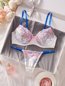 2pcs Sexy Women's Embroidered Sheer Bra And Panty Set With Classic Contrast Lace Trim, Lingerie - Multicolor - View 4