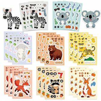 8Sheets Cartoon Cute Animal Make A Face Puzzle Stickers DIY Decorative Decals Phone Case Laptop Diary Guitar Cups Stationery Waterproof Stickers Scrapbook Supplies Scrapbook