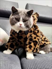 Autumn/Winter Pet Cat Dog Rabbit Fur Hooded Leopard Print Jacket, Thermal Lined Warm Outerwear For British Shorthair, Ragdoll Cats, Small/Medium Pets