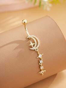 1.5pcs Star & Moon Multi-Element Pendant Navel Ring Stainless Steel Spiral Navel Piercing Jewelry, Suitable For Daily Wear