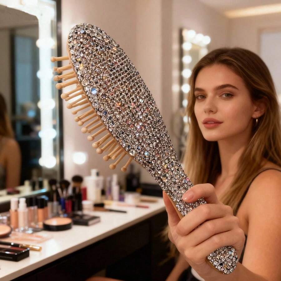 LaoJieYuan 2026新款成品镶钻发梳便携旅行水晶镶嵌梳子顺发梳女孩美发造型美容工具DIY工艺品