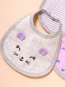3pcs Baby Bibs With Bear Embroidery And 3D Ears, Soft Fabric, Suitable For 0-12 Months Infants - Purple - View 3