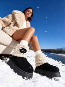 Cute, Warm, Thermal-Lined, Thick-Soled Comfortable Ankle Boots, Fashionable, Faux Thermal Lined, Short Shaft, Slimming, Non-Slip, Outdoor, Knit Sock Liners, Snow Boots, Suitable For Winter