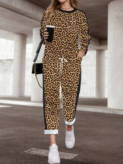 Leopard Print Patchwork Crew Neck Long Sleeve Top And Pants Set