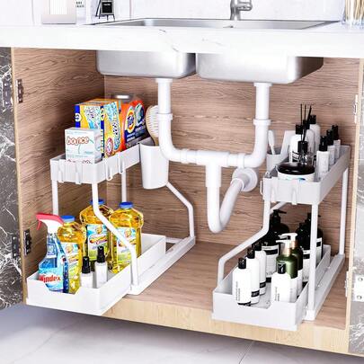 2 Tier Under Sink Storage Rack , Kitchen Cabinet Storage Rack, Double Sliding Cabinet Basket Storage Drawer, Multi-Functional Bathroom Collection Basket, Organizer, Shelf For Under Counter Kitchen Storage With 5 Hooks 2 Hanging Baskets Kitchen Decor Holiday Gift