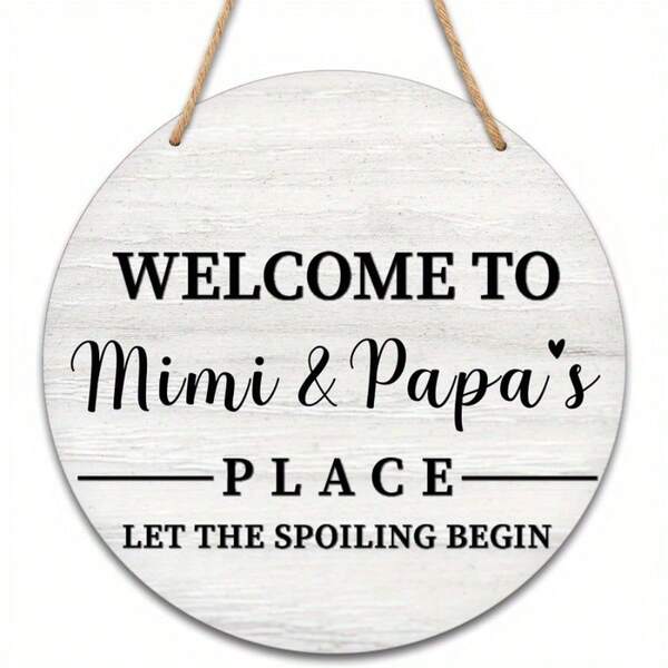 2D Flat, 12" Round Rustic Wooden Welcome Sign - "Welcome To Mimi & Papa's Place" Thanksgiving Door Hanger With Twine Rope, Fall Home Decor For Front Door, Thanksgiving Gifts For Women & Men, 2D Flat Wall Art Plaque, 2D Flat