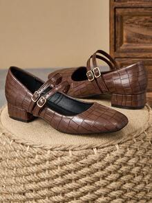 MonaNise 女式 3 厘米布面高跟时尚海军蓝金属酒红色玛丽珍低跟粗跟黑色平底鞋 - 棕色 - 查看 4