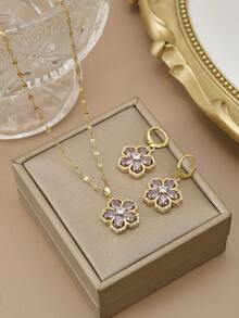 1pc Fashionable Cubic Zirconia 5-Petal Flower Stainless Steel Necklace, 1 Pair Fashionable Cubic Zirconia 5-Petal Flower Stainless Steel Earrings, Gold Necklace, Gold Earrings, Gift For Women, Suitable For Summer Daily Wear, Party, Women Accessories - Five-petal Flower Set - View 20