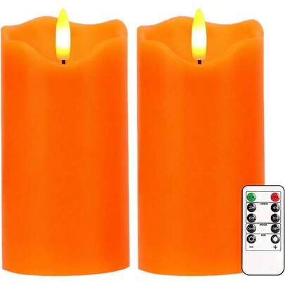 Flameless Candles Lights, Set Of 2 6x3 Pine Bark Flickering Candles With Remote Timer, Dimmable Pillar Candles Operated, Real Wax Candles Wedding Party Home Decor Orange