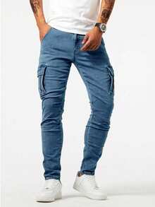 NIUYUNHENGTONG 男士工装口袋褶裥修身时尚牛仔裤 - 藍色 - 查看 4