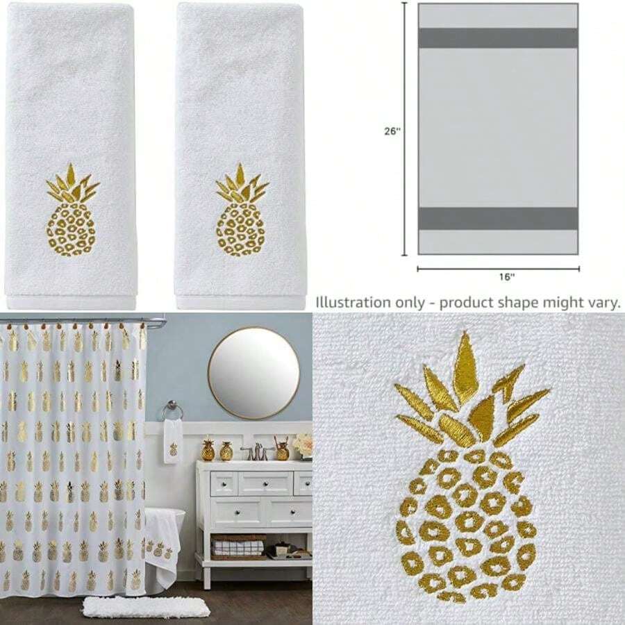 SKL Home - Dispensador en Forma de Piña Dorada, Cortina para baño, Marino/Dorado, 72"x72", 1(Juego de toallas de mano, blanco) - Tipo 4 - Ver 1