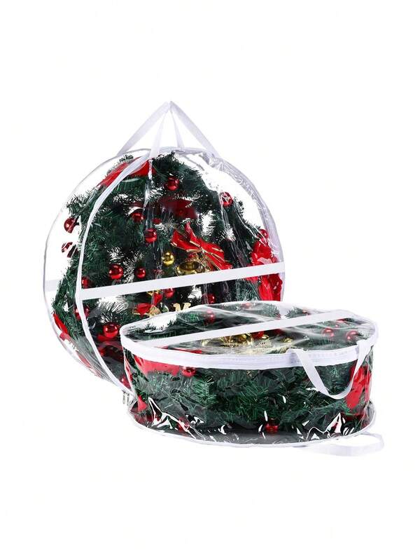 1/2-częściowa torba do przechowywania wieńców bożonarodzeniowych, białe przezroczyste pudełko do przechowywania wieńców z PVC, 2 rozmiary przenośnej torby do przechowywania z uchwytem, pojemnik do przechowywania wieńców na drzwi z podwójnym zamkiem błyskawicznym i uchwytem, na świąteczne girlandy wianków, wystrój świąteczny do domu, wystrój jesienny, dekoracja świąteczna.