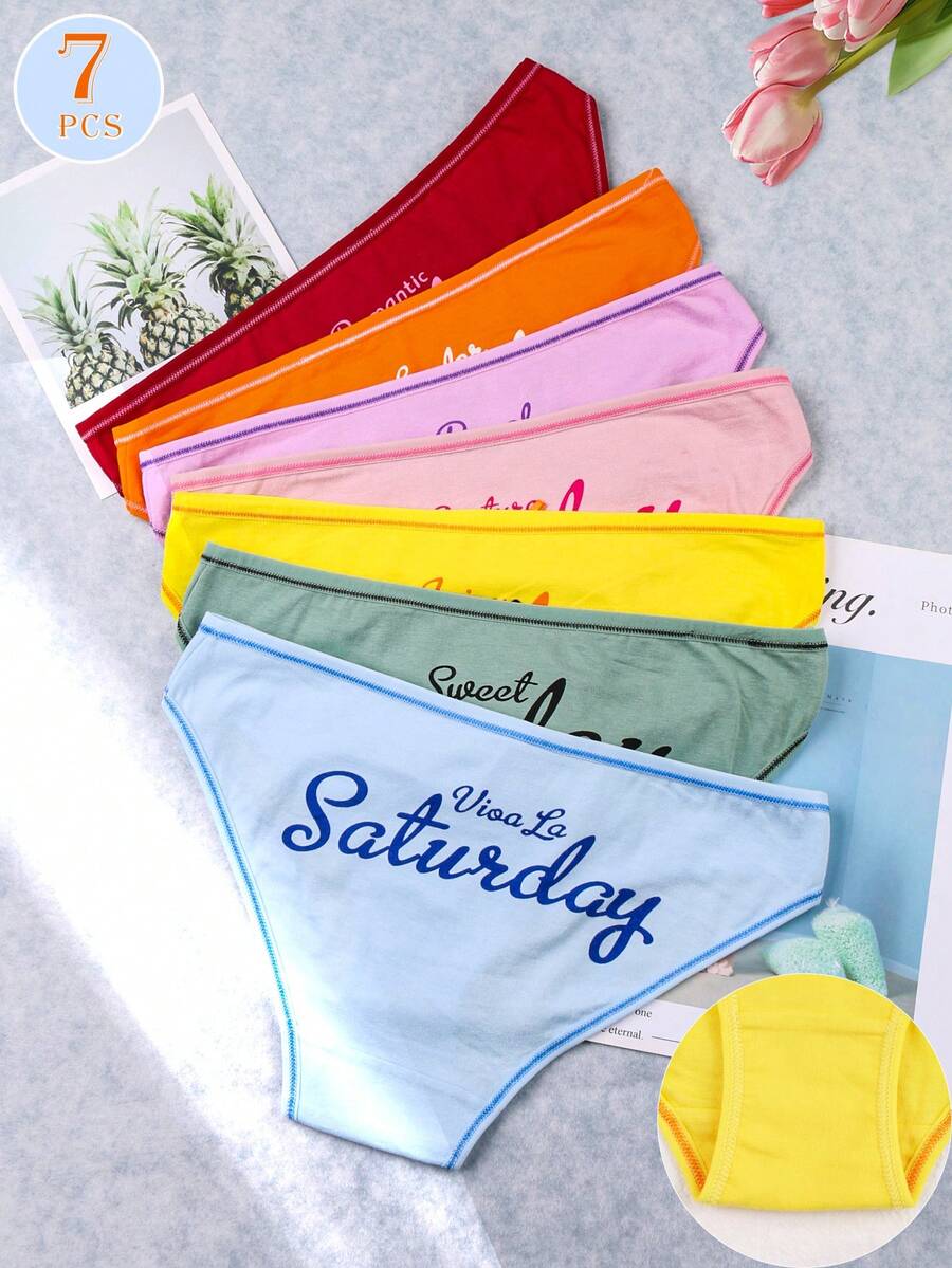 7 Pieces Of Low Waist Underwear For Women That Do Not Repeat A Week - Seven Color Letter Printed Underwear Shorts - Underwear Shorts For Monday, Tuesday, Wednesday, Thursday, Friday, Saturday, Sunday - Breathable, Soft, Comfortable Triangle Underwear Suitable For Daily And Spring/Summer Wear For Women - 彩色 - 查看 1