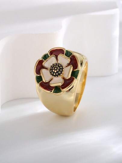 Charm-In 1pc Oversized Thick 18K Gold Plated Brass Enamel Flower Shaped Ring For Women, Multiple Sizes, Valentine's Day/Mother's Day Gift