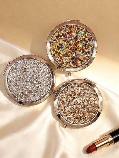 1pc Crystal Rhinestone Encrusted High-Definition Folding Vanity Mirror, Round Double-Sided Flat & Magnifying Combination, Portable Pocket Mirror
