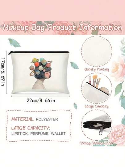 1 pieza Bolsa de maquillaje retro linda de un solo lado con estampados de cielo estrellado, luna y niña brillante - También sirve como bolso, bolsa de aseo, estuche de lápices y bolsa de regalo. Ideal como regalo para madres, hijas, maestras y amigas, es un artículo imprescindible para la temporada de graduación, la temporada de bodas y otros festivales