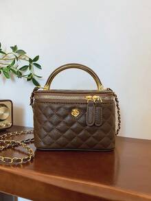 1件黑色休闲百搭手提小方包，时尚刺绣格纹面料，适用于办公、手机、口红、零钱收纳、购物、钱包，适合年轻女性、大学生、新婚夫妇、白领人士。非常适合办公室、大学、工作、商务、通勤、户外活动、旅行和短途旅行 - 咖啡棕 - 查看 3