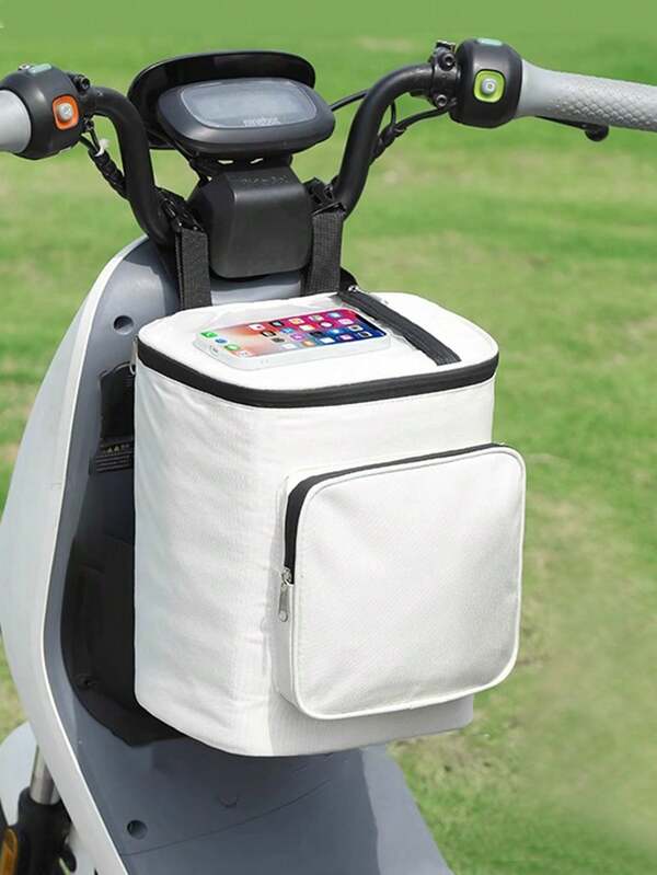 1 pieza Bolsa de almacenamiento de casco de bicicleta eléctrica de tela Oxford blanca grande, bolsillo frontal impermeable para scooter, almacenamiento de equipo para la lluvia