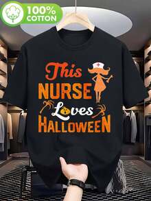 Camiseta de hombre 100% para enfermera que ama Halloween - Gráficos espeluznantes de murciélagos y el lema "This Nurse Loves Boo", camiseta retro de cuello redondo con diseño de enfermera y disfraz de enfermera - Negro - Ver 2