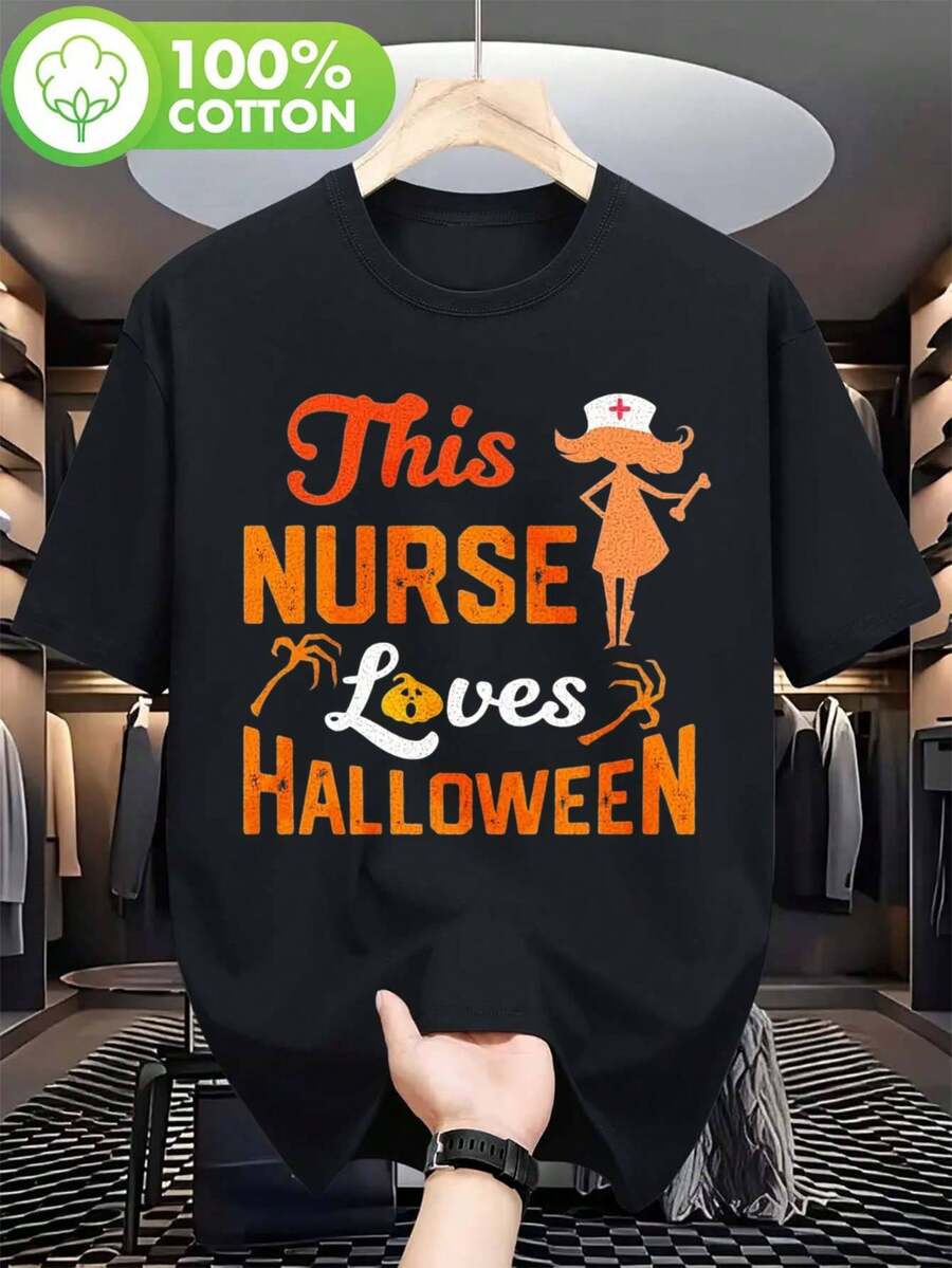 Camiseta de hombre 100% para enfermera que ama Halloween - Gráficos espeluznantes de murciélagos y el lema "This Nurse Loves Boo", camiseta retro de cuello redondo con diseño de enfermera y disfraz de enfermera