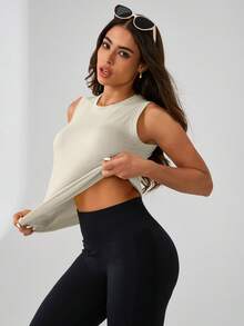 Leorrey 1 Stück Damen nahtloses, bequemes Lässig Sport Tank Top, modischer einfarbiger rundhalsiger ärmelloser figurbetonter Trainings-Träger
