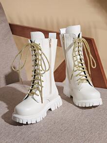 2025 New Fashion Versatile Flat Ankle Boots, Mid-Calf Boots For Girls, Teenage Riding Boots - trắng - Xem 5